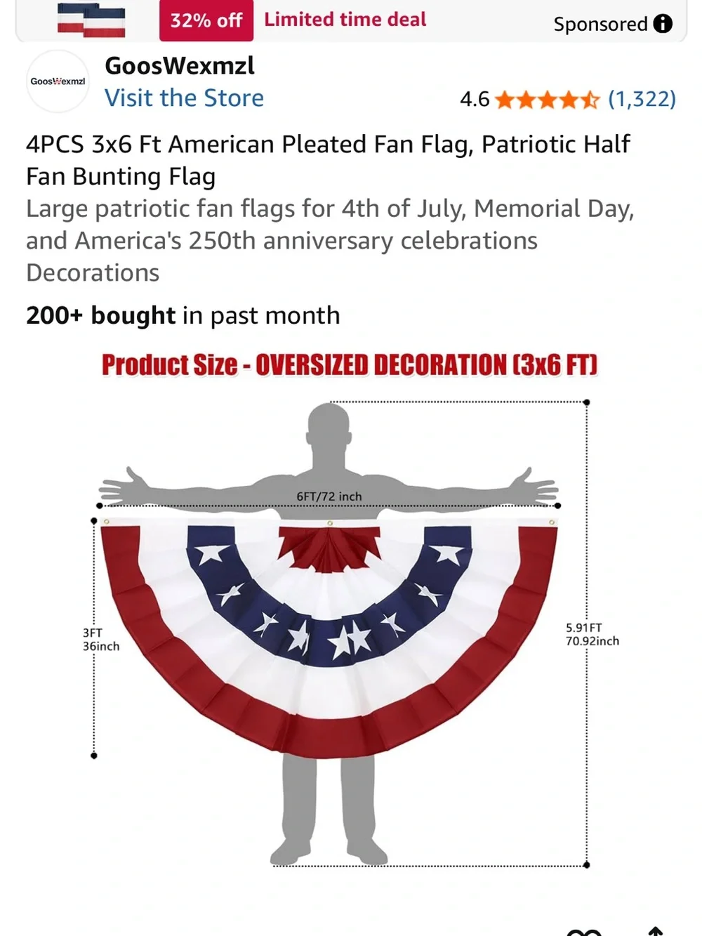 Red White Blue Patriotic Pleated Fan Flags - 4 Pack
